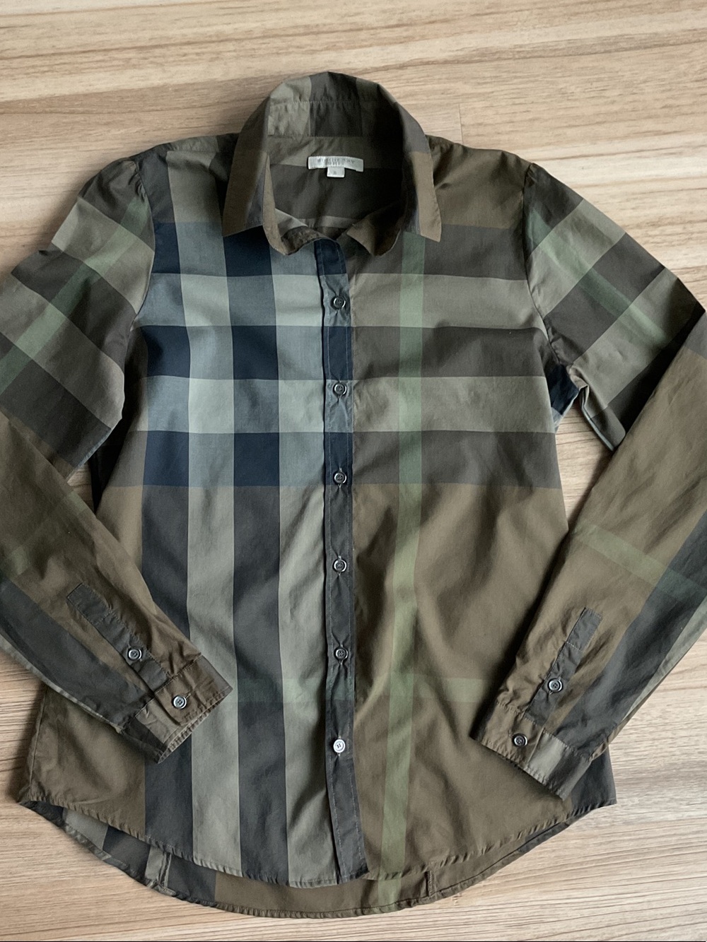 Burberry Olive, Black & Gray Plaid Button-Down Shirt. Small